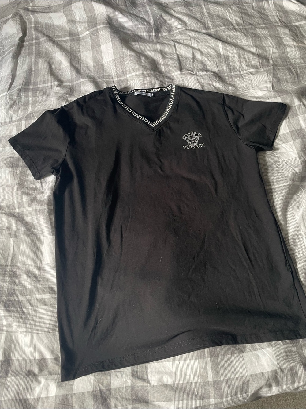 Versace Black V-Neck Medusa Logo Tee with Signature Trim